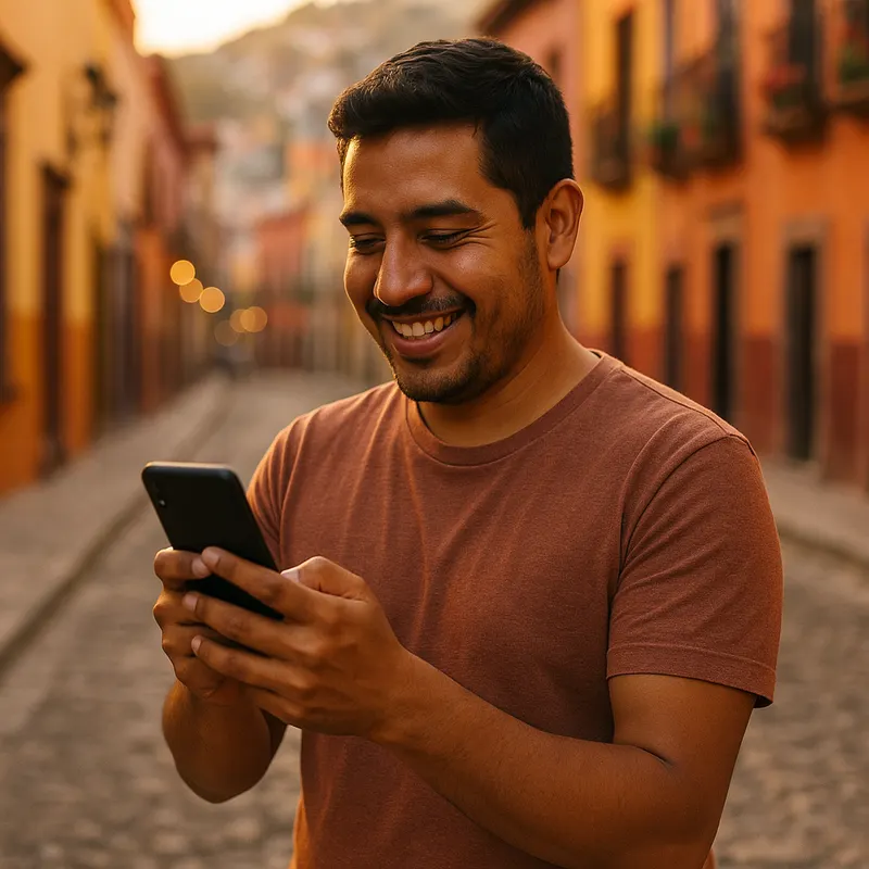 Hombre sonriendo viendo su celular